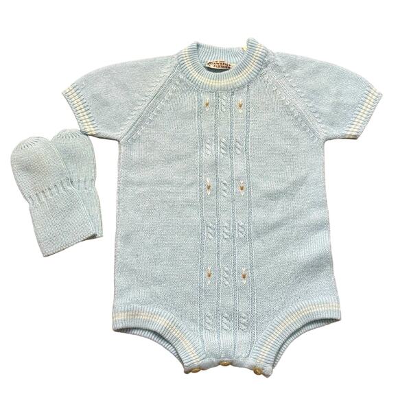 Vtg Italy Knit Romper Baby Blue One Piece Sz 3m mittens Strawbridge & Clothier - Picture 1 of 11